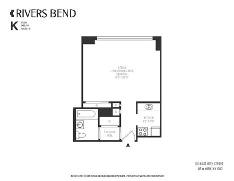 A black and white floor plan for a one bedroom apartment.